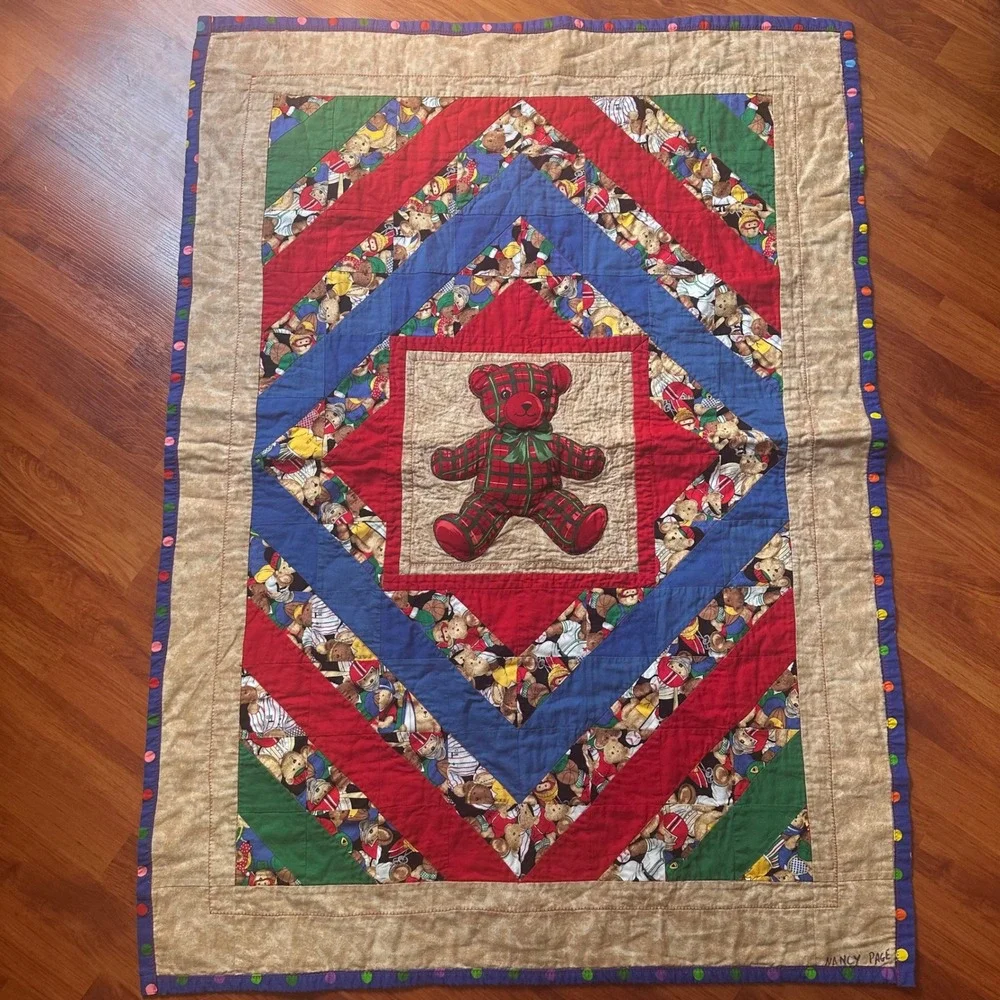 Handmade Teddy Bear Patchwork Quilt Raised Plush Appliqué Colorful Throw Blanket
